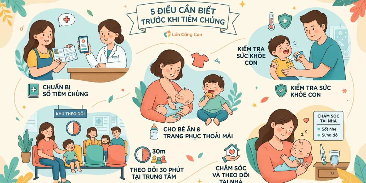 Hình ảnh infographic tổng hợp 5 điều cần biết trước khi đưa trẻ đi tiêm chủng chuẩn website Lớn Cùng Con