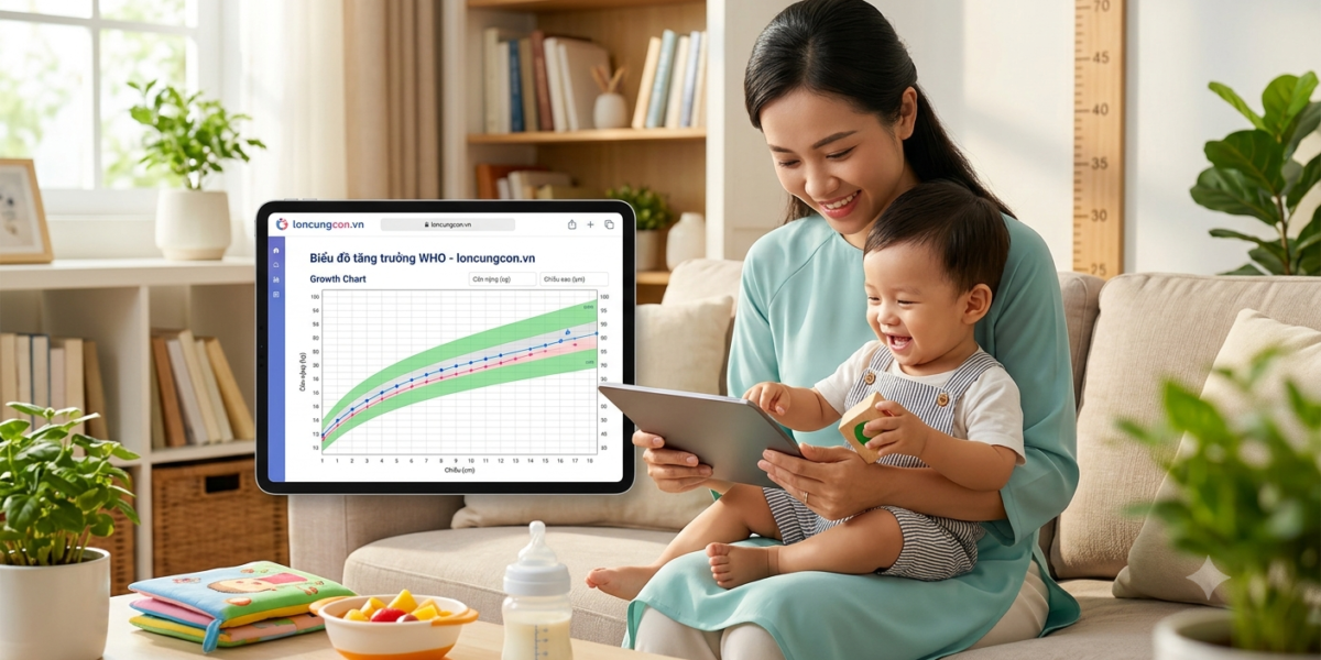 Giao diện công cụ Biểu đồ tăng trưởng WHO trên website loncungcon.vn hiển thị biểu đồ chiều cao cân nặng của trẻ cùng hình ảnh mẹ và bé hạnh phúc