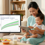 Giao diện công cụ Biểu đồ tăng trưởng WHO trên website loncungcon.vn hiển thị biểu đồ chiều cao cân nặng của trẻ cùng hình ảnh mẹ và bé hạnh phúc