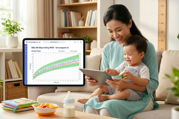 Giao diện công cụ Biểu đồ tăng trưởng WHO trên website loncungcon.vn hiển thị biểu đồ chiều cao cân nặng của trẻ cùng hình ảnh mẹ và bé hạnh phúc