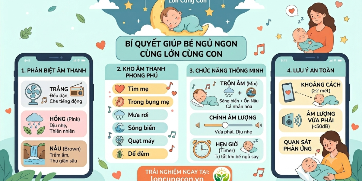 Bí quyết giúp bé ngủ ngon bằng công cụ tiếng ồn trắng, hồng, nâu của Lớn Cùng Con